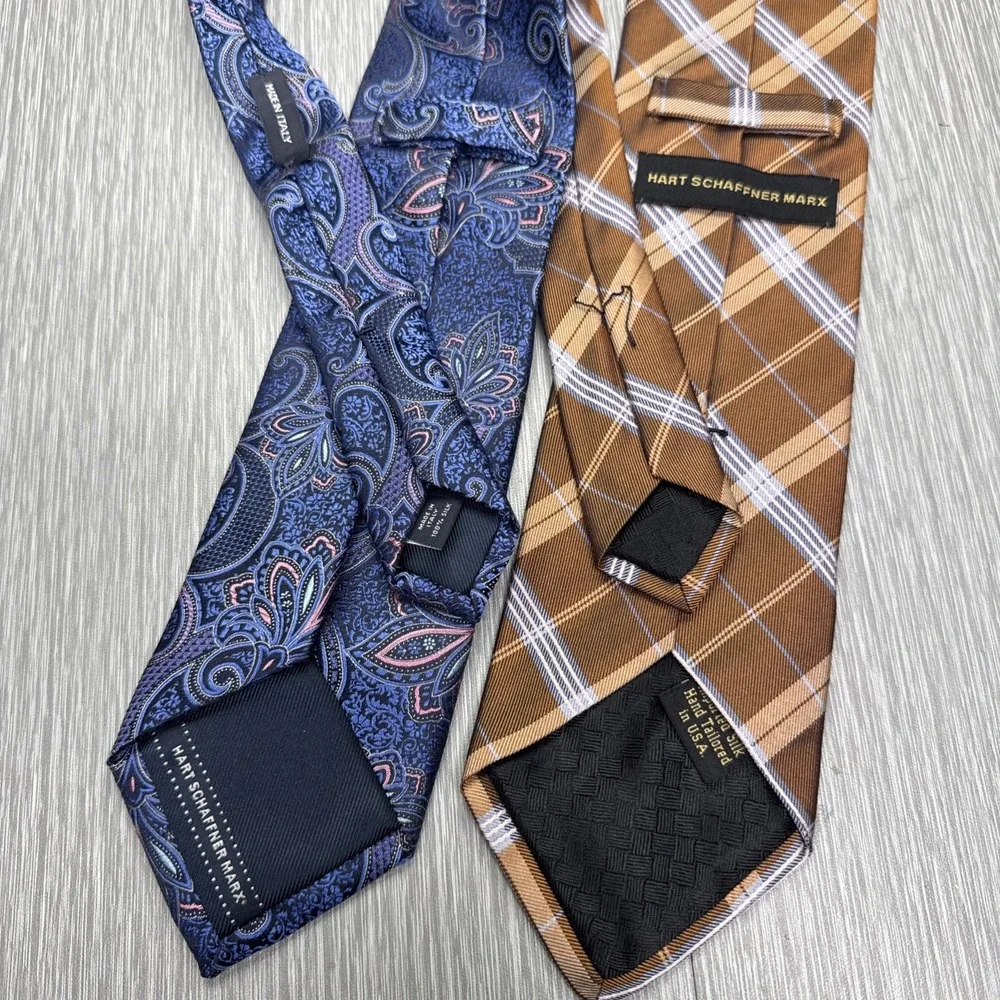 Hart Schaffner Marx Silk Tie‎ Lot Blue Paisley Brown Plaid Classic Business